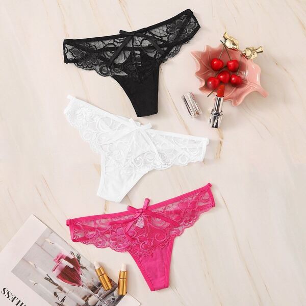 

Contrast Lace Sheer Panty Set 3pack, Multicolor