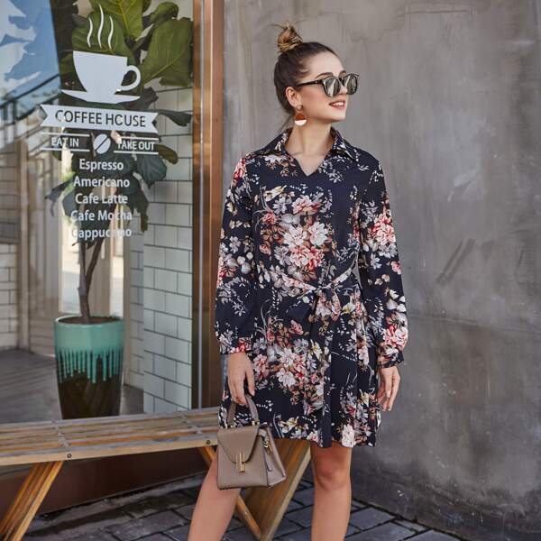 

Large Floral Self Tie Tunic Dress, Navy
