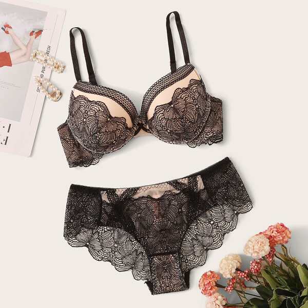 

Floral Lace Sheer Underwire Lingerie Set, Multicolor