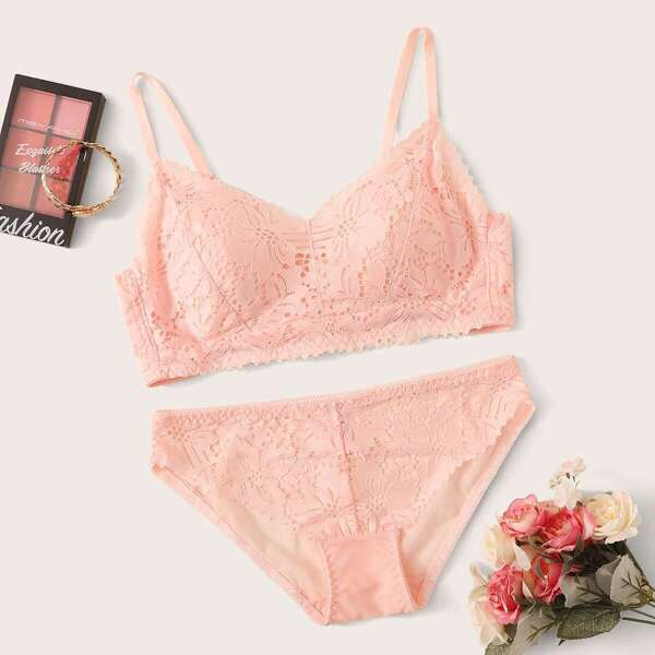 

Floral Lace Sheer Lingerie Set, Pink pastel