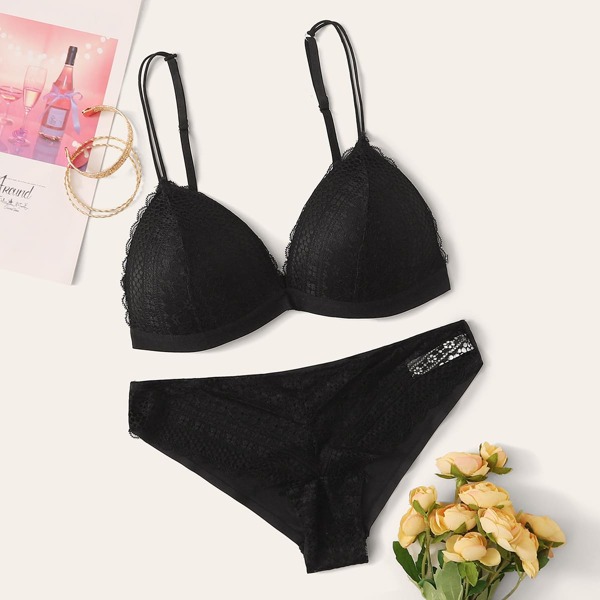 

Floral Lace Lingerie Set, Black