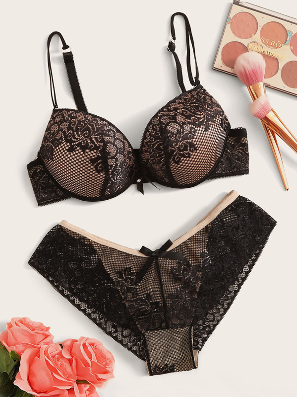 

Floral Lace Sheer Underwire Lingerie Set, Multicolor