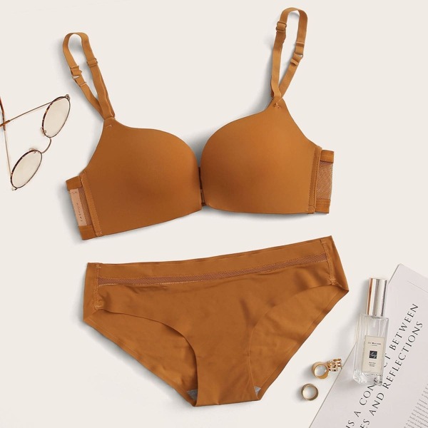 

Seamless Adjustable Strap Lingerie Set, Brown