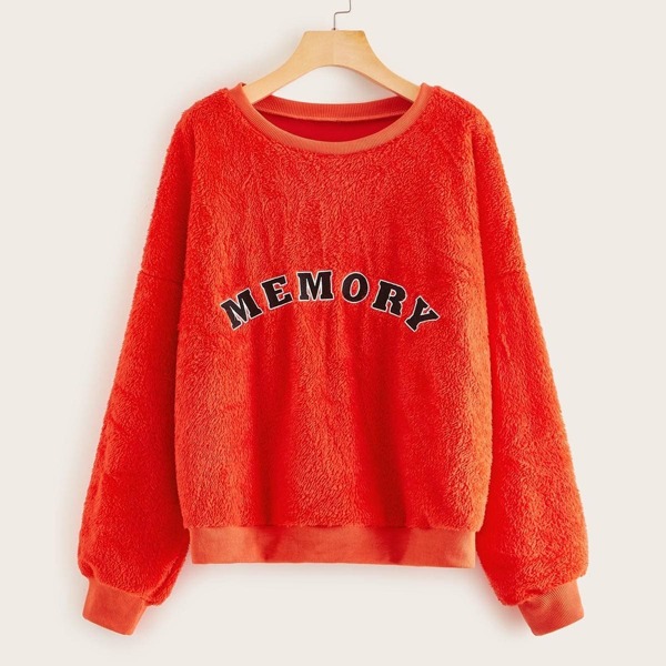 

Drop Shoulder Letter Print Teddy Sweatshirt, Orange bright