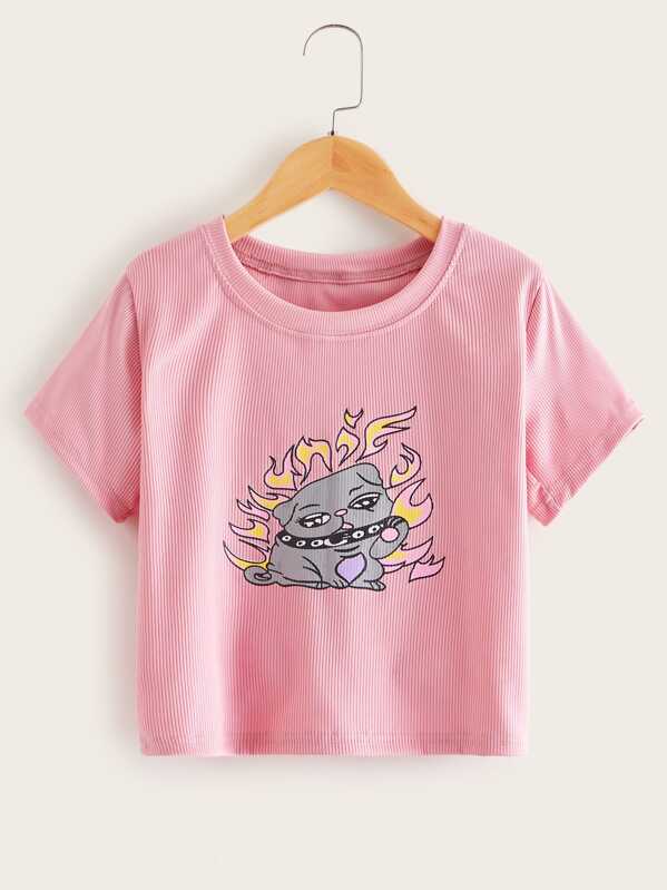 

Cartoon Graphic Rib-knit Crop Tee, Pink