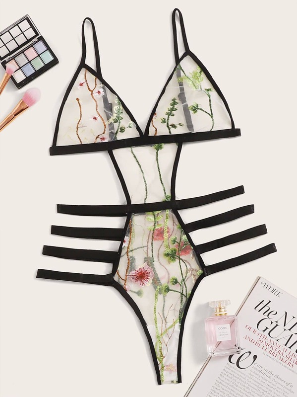 

Plus Embroidery Ladder Cut-out Mesh Teddy Bodysuit, Multicolor