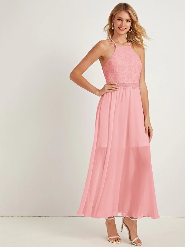 

Contrast Lace Criss Cross Back Cami Dress, Pink, Layson