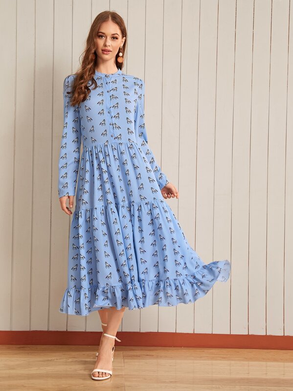 

Horse Print Button Front Flounce Hem Dress, Blue, Sonya