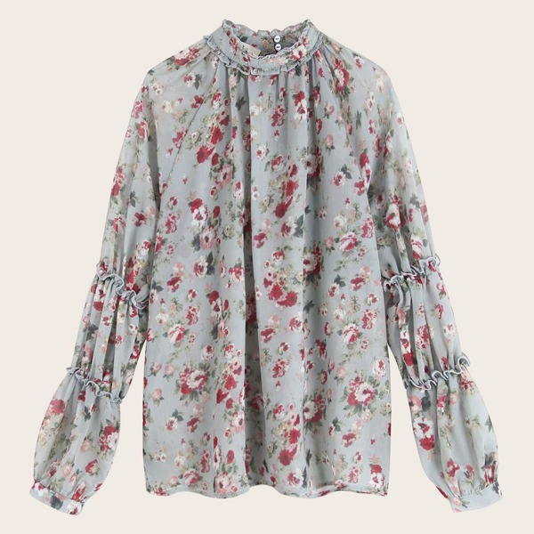 

Ditsy Floral Mock Neck Frill Trim Blouse, Multicolor