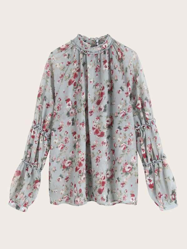 

Ditsy Floral Mock Neck Frill Trim Blouse, Multicolor