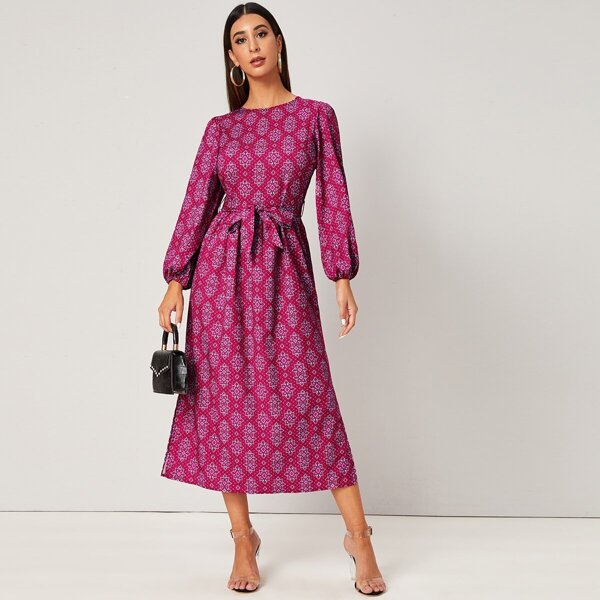 

Lantern Sleeve Belted Side Split Dress, Multicolor
