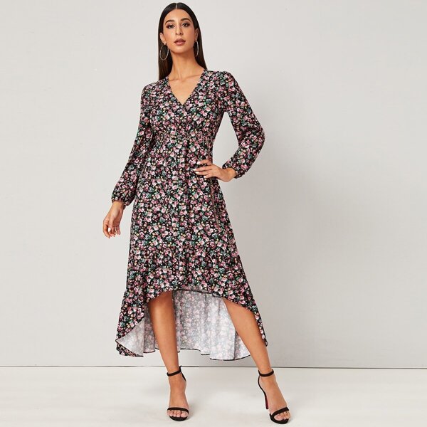 

Ditsy Floral V-Neck High Low Hem Dress Without Belt, Multicolor