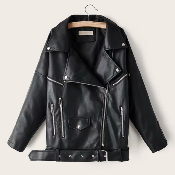 

Solid Zip Up Belted PU Biker Jacket