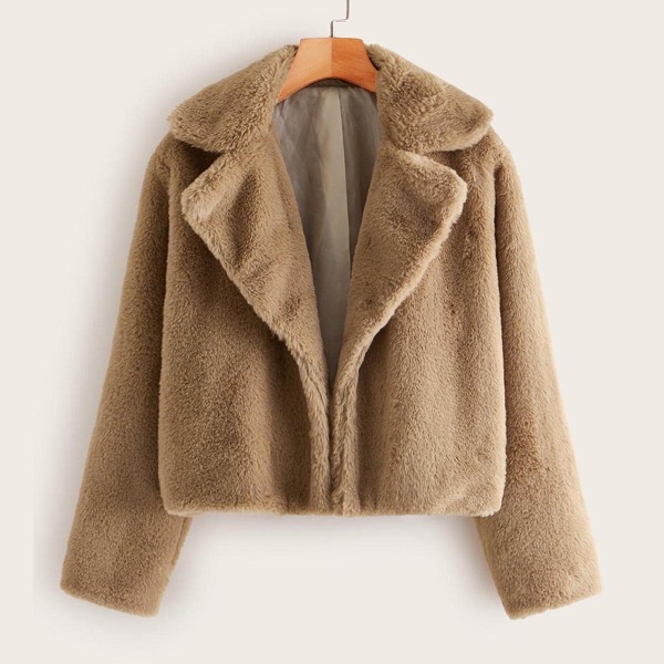 

Solid Lapel Faux Fur Coat, Khaki