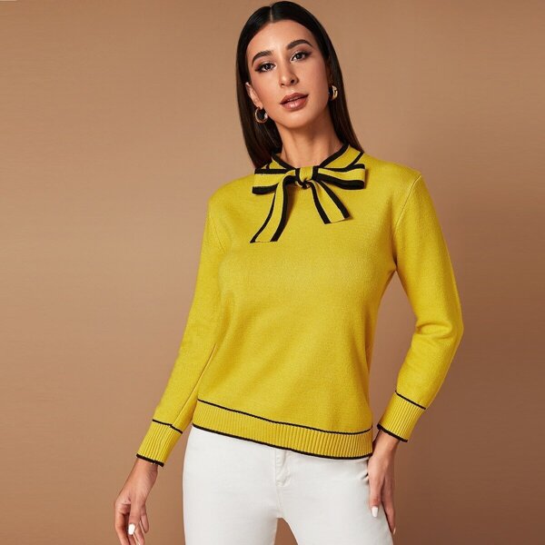 

Contrast Binding Tie Neck Sweater, Yellow