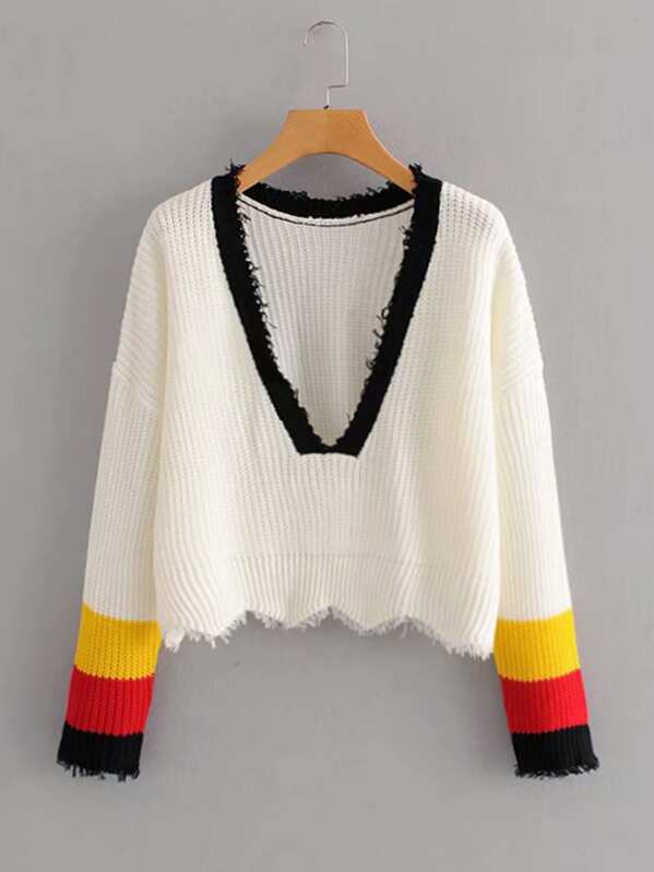 

Plunging Neck Frayed Trim Rainbow Striped Sweater, Beige