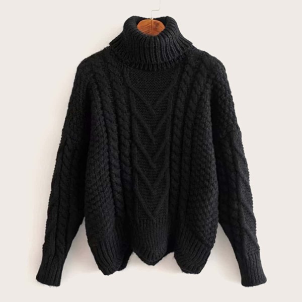 

Solid Cable Knit High Neck Sweater, Black