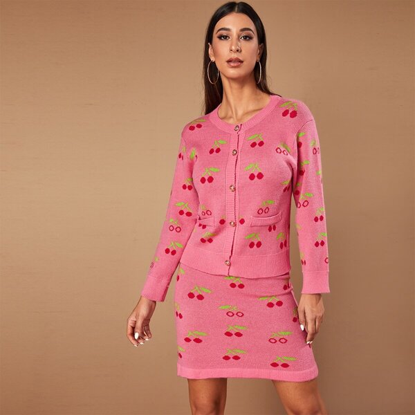 

Cherry Print Fitted Cardigan & Sweater Skirt, Pink