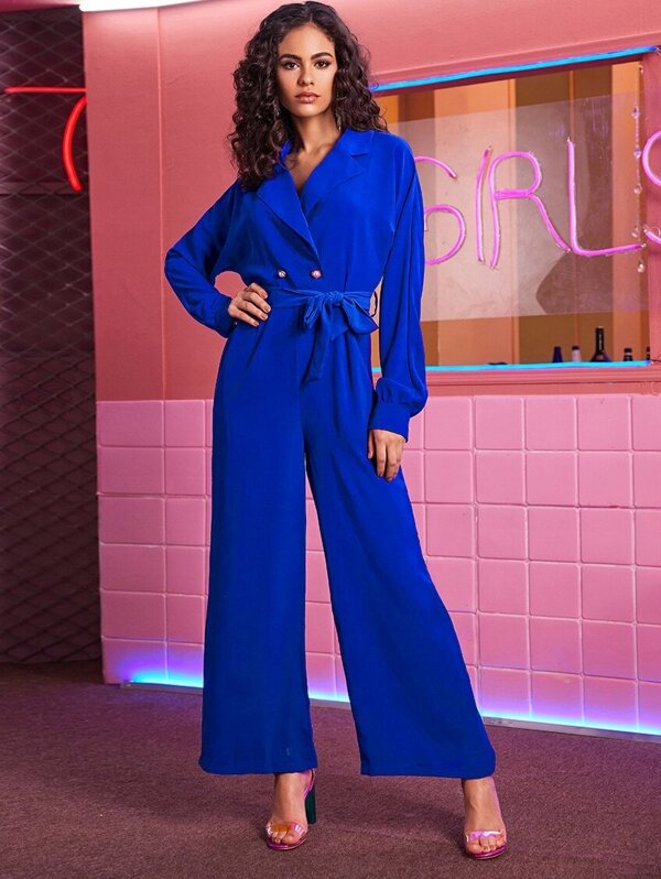 

Lapel Neck Self Tie Wide Leg Jumpsuit, Blue, Isabela B