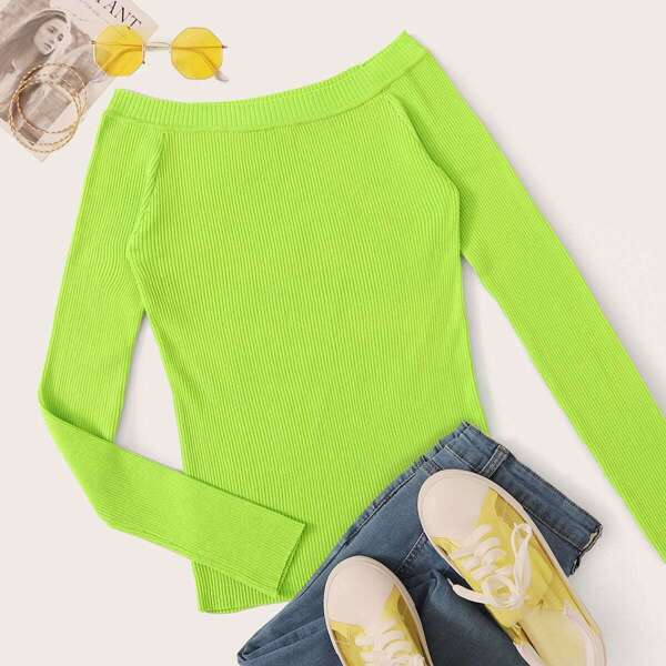 

Ribbed Off Shoulder Solid Sweater, Green