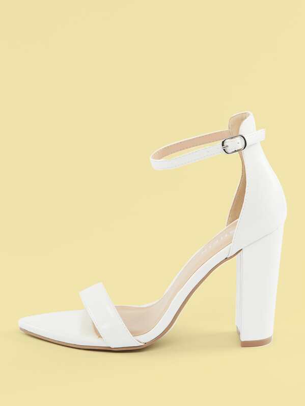 

Pointy Toe Buckled Ankle Strap Block High Heels, White