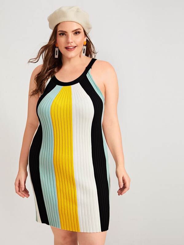 

Plus Striped Color-block Rib-knit Sweater Dress, Multicolor, Gabriela B