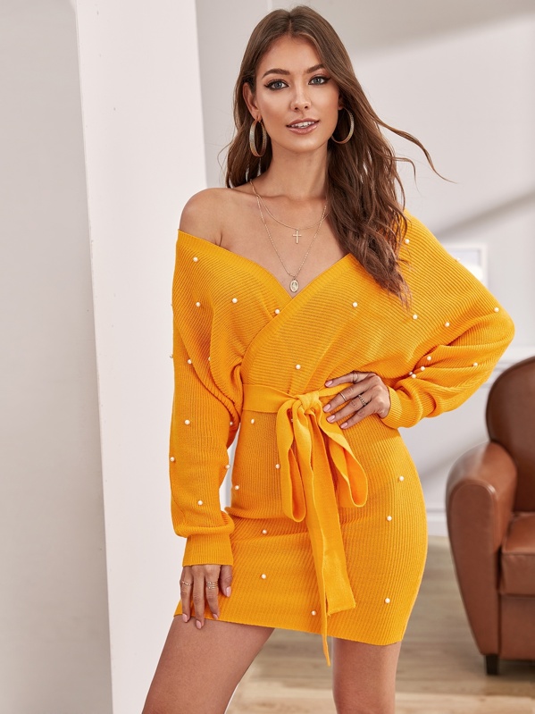 

Pearl Beaded Wrap V-cut Back Self Belted Sweater Dress, Yellow, Debi Cruz