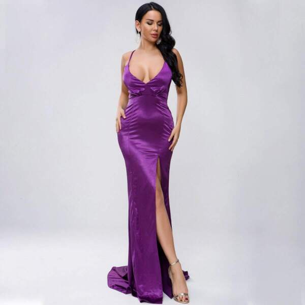 

Lace Up Backless Split Thigh Satin Cami Prom Dress, Purple