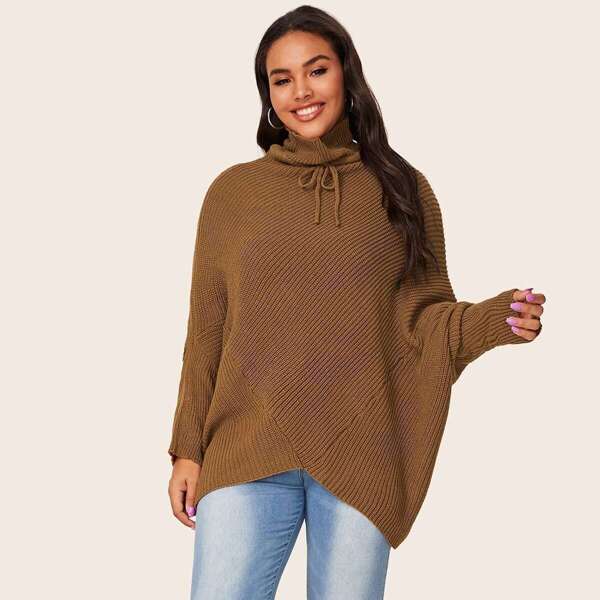 

Plus Drawstring Turtleneck Dolman Sleeve Sweater, Camel