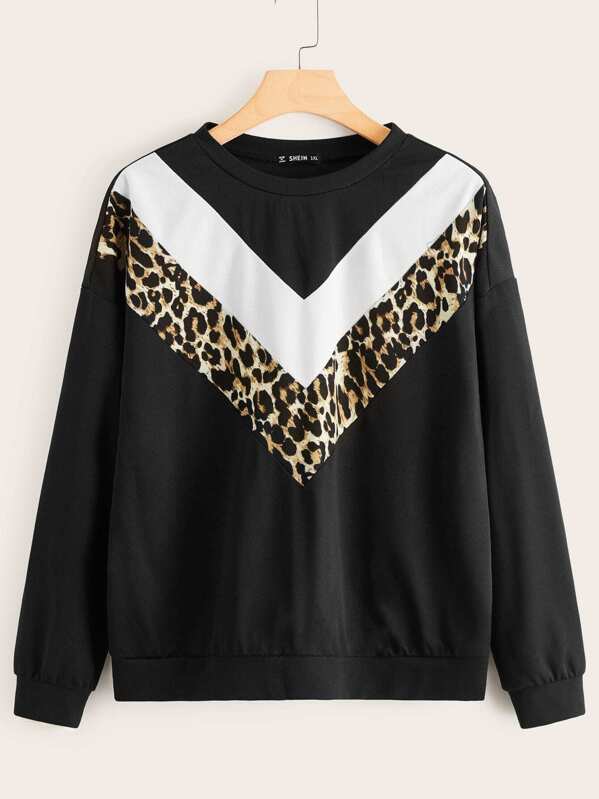 

Plus Leopard Chevron Color-block Pullover, Black