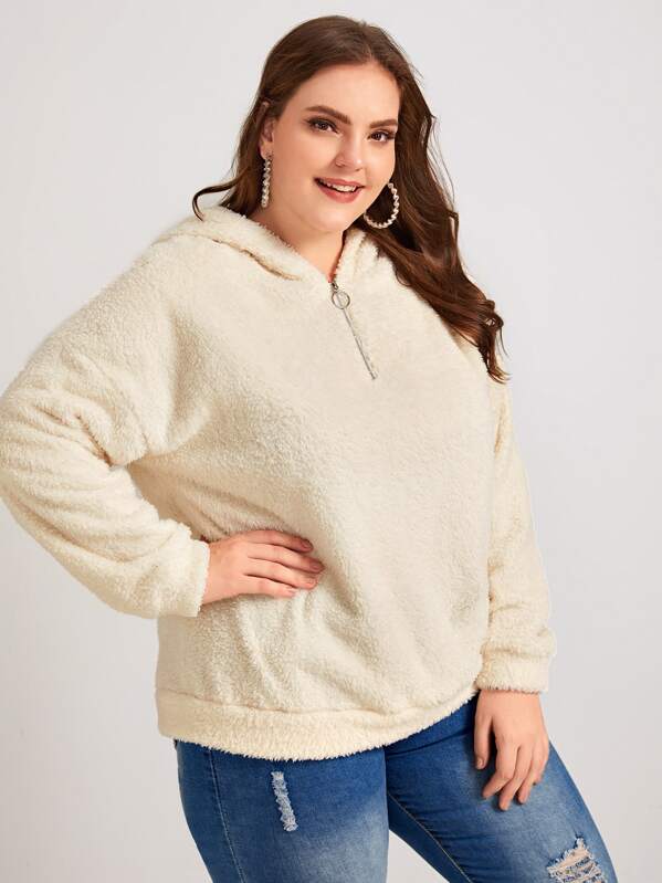 

Plus O-ring Zip Half Placket Hooded Teddy Jacket, Beige, Gabriela B