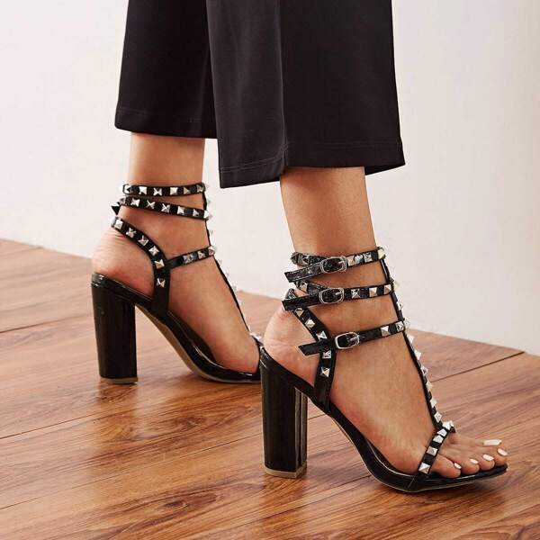 

Open Toe Studded Decor Chunky Heels, Black
