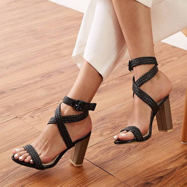 

Plaited Cross Strap Chunky Heels, Black