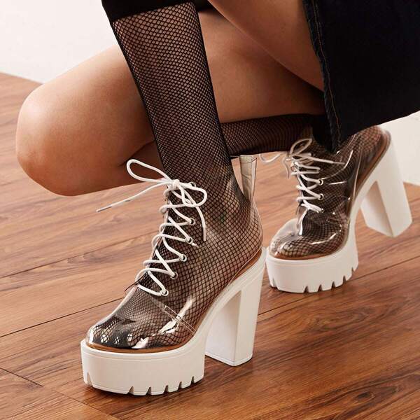 

Lace-up Front Clear Chunky Heeled Boots, White