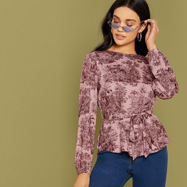 

Landscape Print Self Belted Top, Multicolor