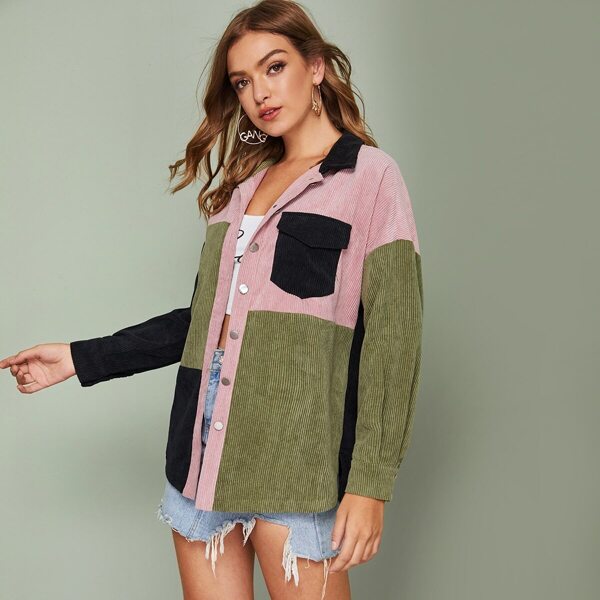 

Flap Pocket Front Curved Hem Colorblock Cord Trucker Coat, Multicolor