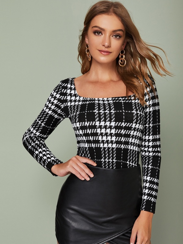

Square Neck Fitted Plaid Top, Black and white, Luiza