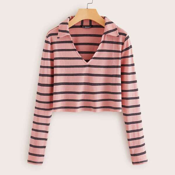 

Notch Neck Striped Rib-knit Tee