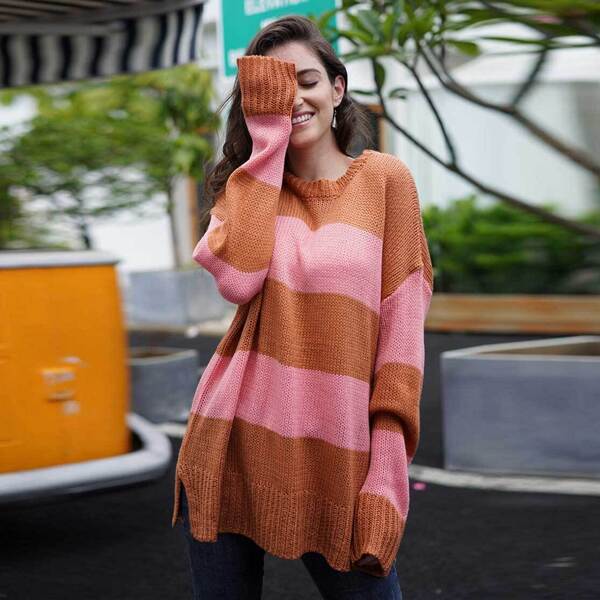 

Color-Block Stripe Side Split Longline Sweater, Multicolor