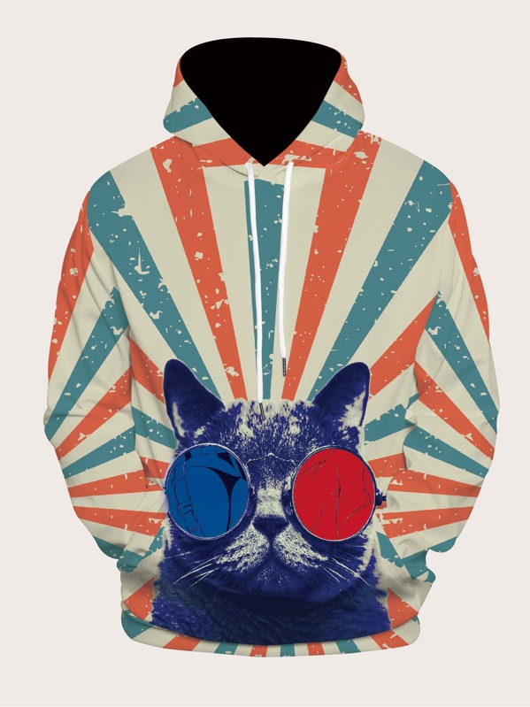 

Men Cat Print Stripe Drawstring Hoodie, Multicolor