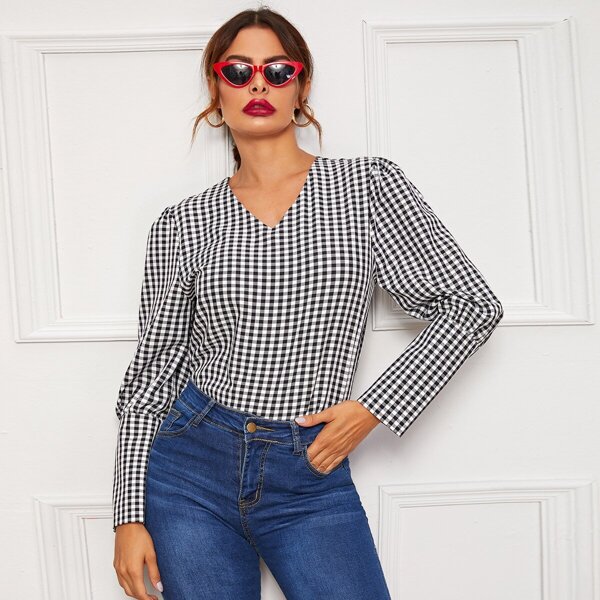 

Gingham V-Neck Puff Sleeve Blouse, Black and white