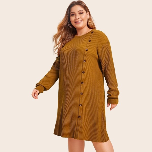 

Plus Button Front Rib-knit Sweater Dress, Yellow