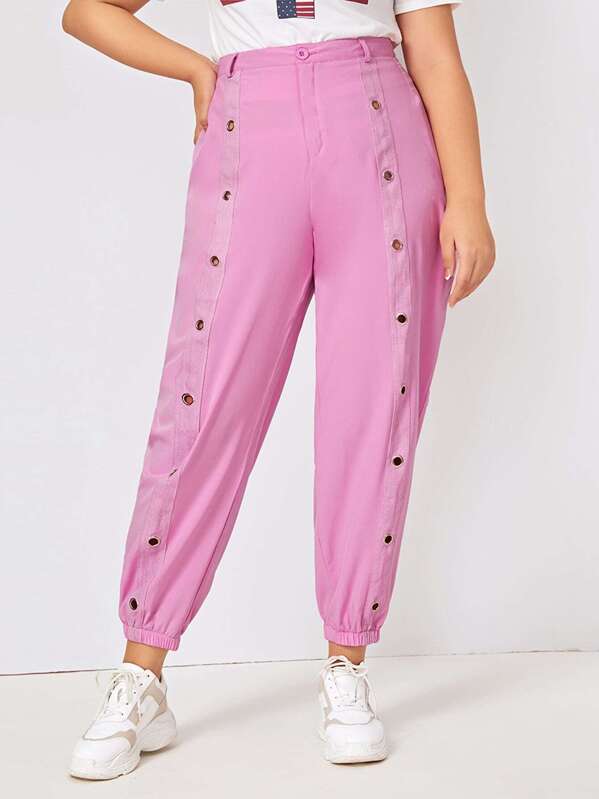 

Plus Garment Eyelet Elastic Hem Pants, Pink, Ma Tian