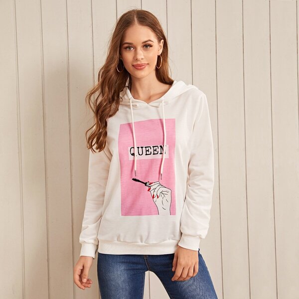 

Letter & Hand Print Drawstring Hoodie