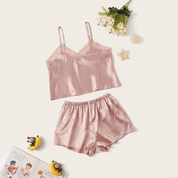 

Girls Lace Trim Satin Cami PJ Set, Pink