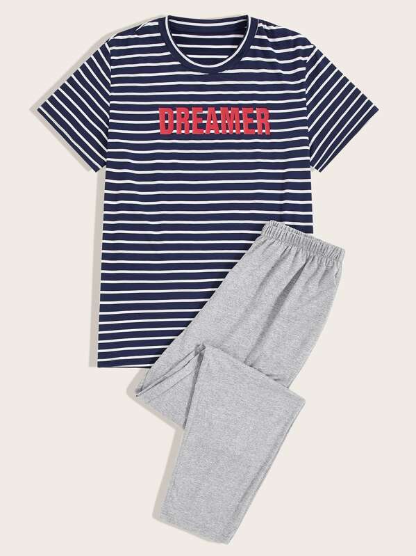 

Men Letter & Stripe Print Tee & Pants PJ Sets, Multicolor