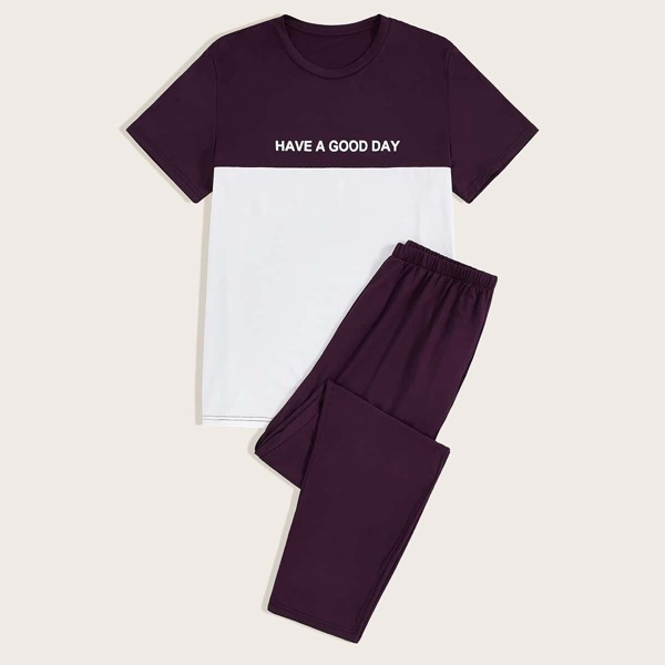 

Men Two Tone Letter Print Tee & Pants PJ Set, Multicolor