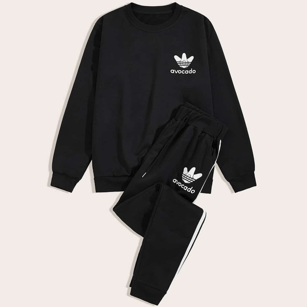 

Men Letter Graphic Drawstring Tracksuit, Black