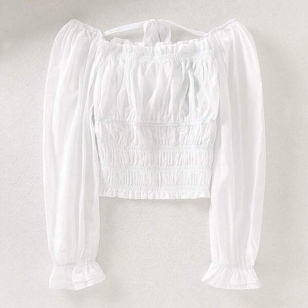 

Puff Sleeve Frill Trim Shirred Blouse