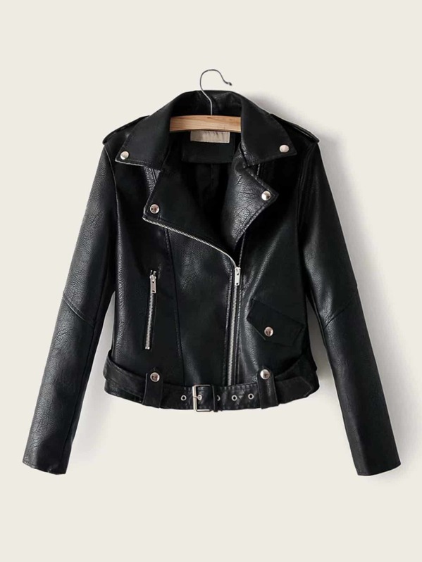 

Lapel Neck Belted PU Biker Jacket, Black